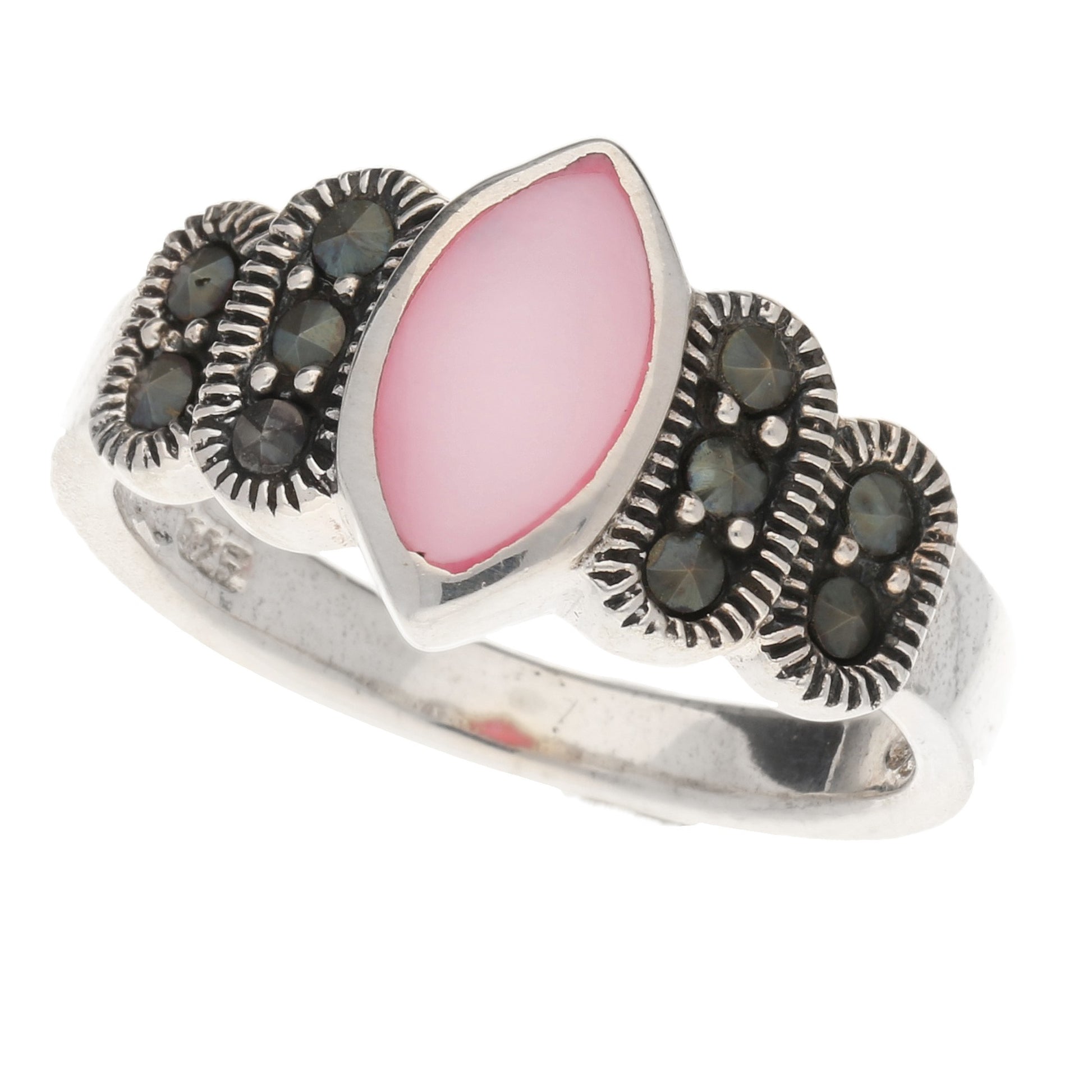 Sterling Silver Marquise Pink Shell Mother of Pearl and Marcasite Ring - Silver Insanity