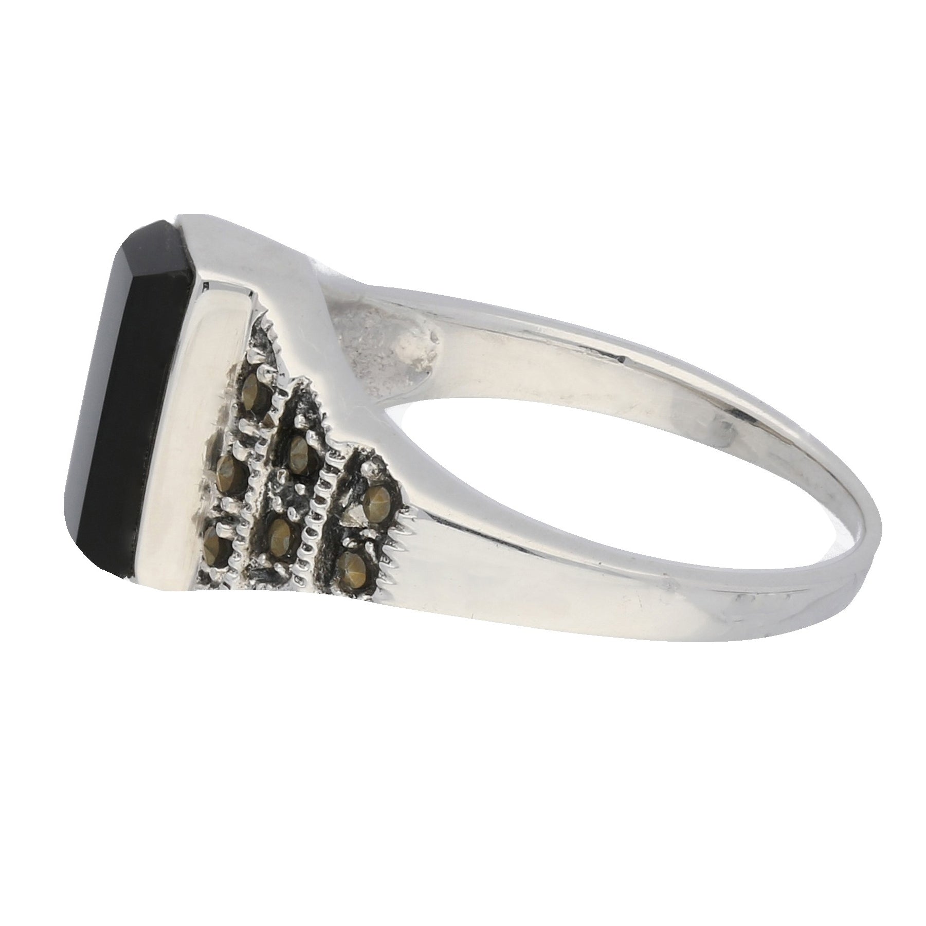 Marcasite and Black Onyx Sterling Silver Bar Ring - Silver Insanity