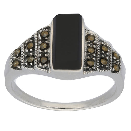 Marcasite and Black Onyx Sterling Silver Bar Ring - Silver Insanity