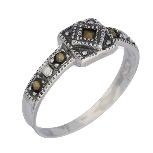 Petite Light Weight Square Sterling Silver Marcasite Ring - Silver Insanity