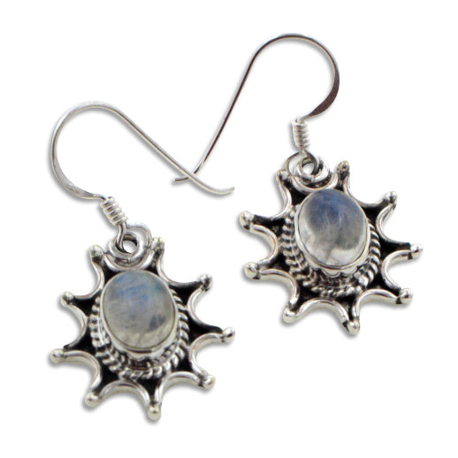 Starburst Sun Natural Rainbow Moonstone Sterling Silver Hook Earrings - Silver Insanity