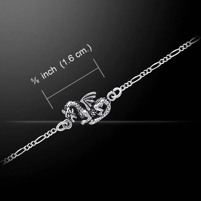 Sterling Silver Medieval Fantasy Dragon Charm 9.5" Figaro Anklet - Silver Insanity