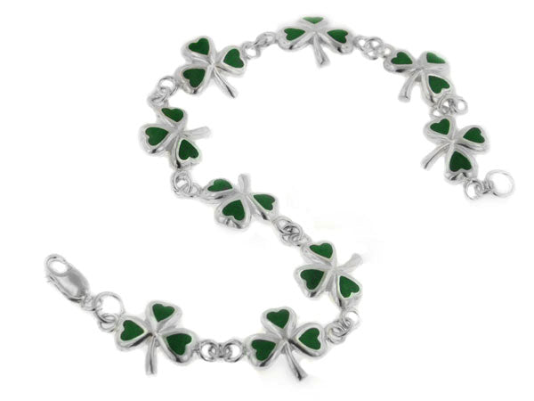 Green Enamel Irish Shamrock 3-Leaf Clover Sterling Silver Bracelet 7" - Silver Insanity