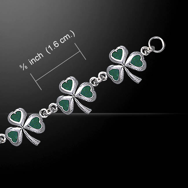 Green Enamel Irish Shamrock 3-Leaf Clover Sterling Silver Bracelet 7" - Silver Insanity