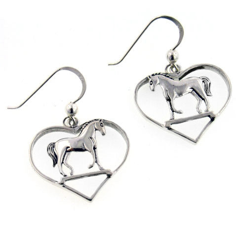 Graceful Standing Horse in Heart Sterling Silver Hook Pony Earrings - Silver Insanity