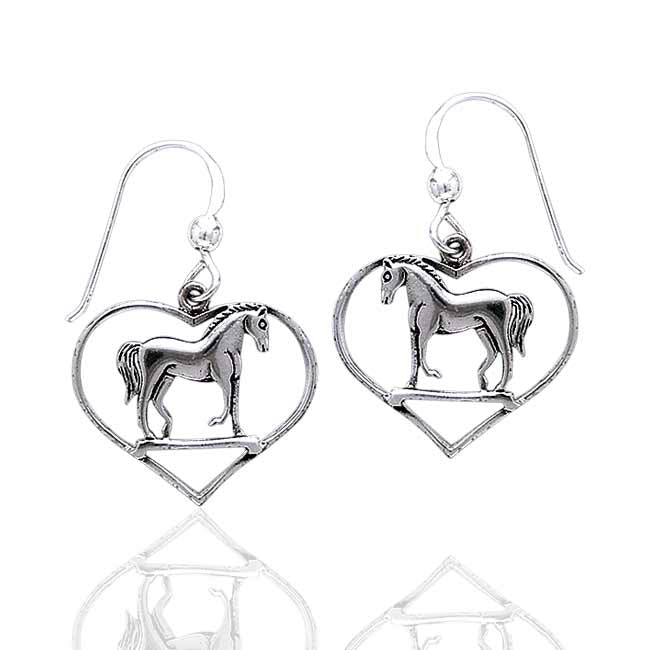 Graceful Standing Horse in Heart Sterling Silver Hook Pony Earrings - Silver Insanity