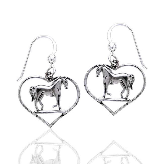 Graceful Standing Horse in Heart Sterling Silver Hook Pony Earrings - Silver Insanity