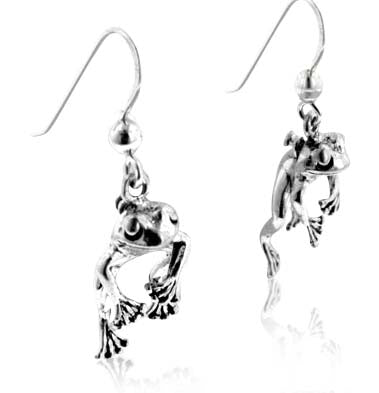 Moveable Detailed Sterling Silver FROG Face and Legs Hook Earrings - Silver Insanity