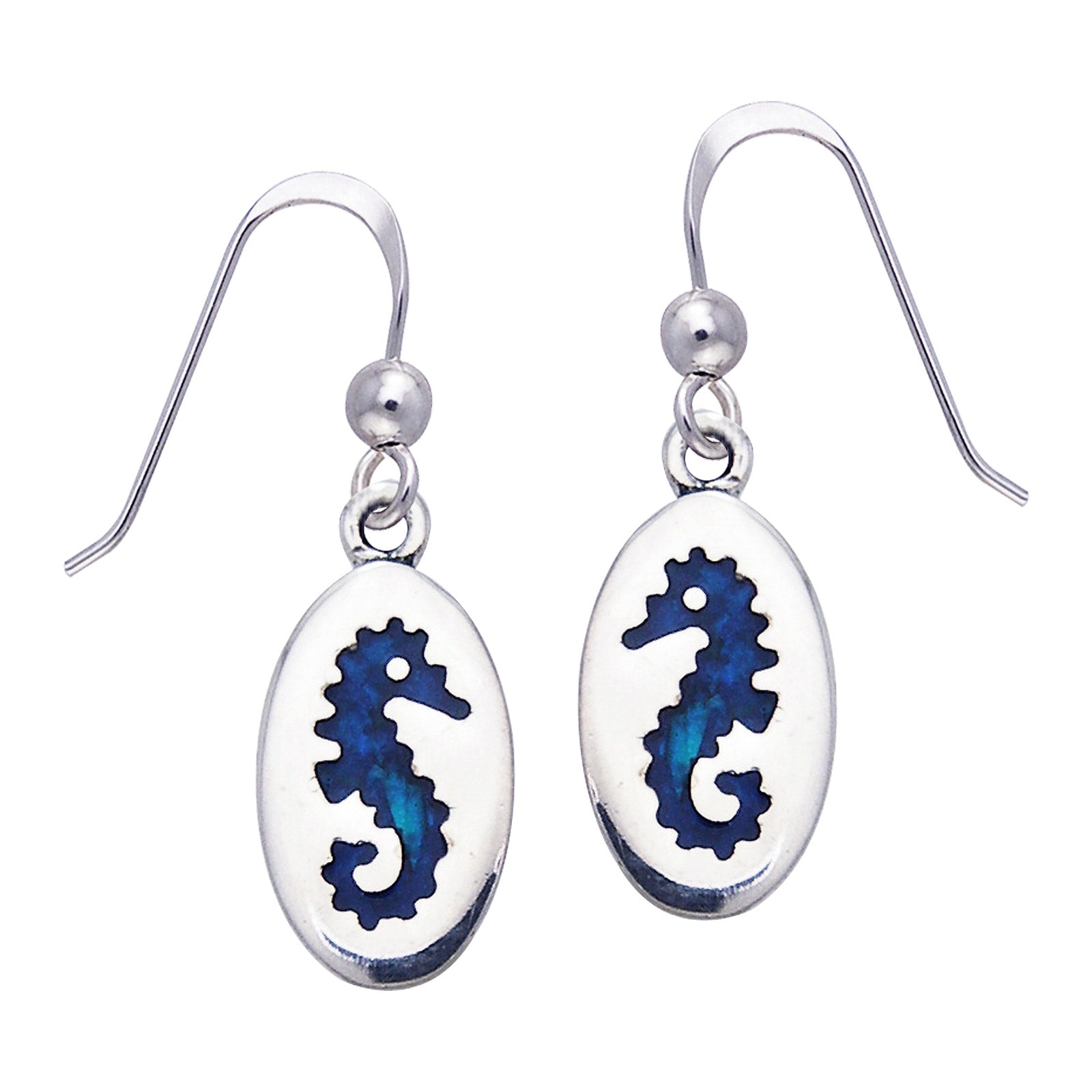 Paua Shell Seahorse Oval Nautical Sterling Silver Hook Earrings - Silver Insanity