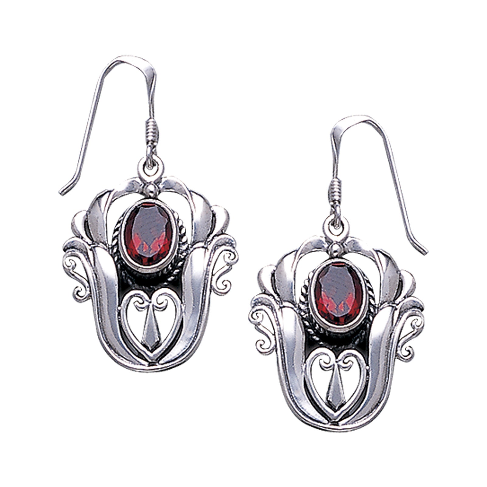 Garnet Scrollwork Tulip Flower Sterling Silver Hook Earrings - Silver Insanity