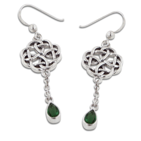 Sterling Silver Classic Irish Celtic Knot and Emerald-Green Glass Drop Earrings - Silver Insanity