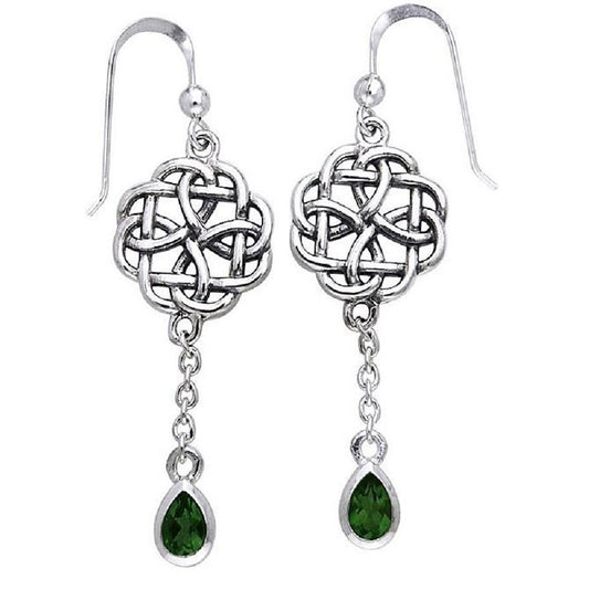 Sterling Silver Classic Irish Celtic Knot and Emerald-Green Glass Drop Earrings - Silver Insanity