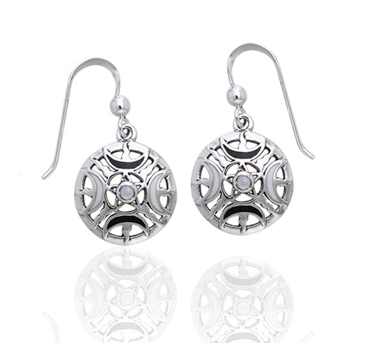 Fire Moon Pentacle Rainbow Moonstone Sterling Silver Earrings - Silver Insanity