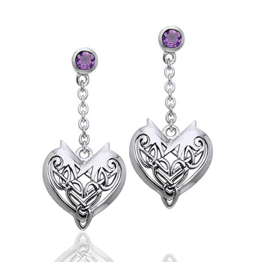 Joyous Heart Celtic Knot Chain Dangle and Amethyst Sterling Silver Earrings - Silver Insanity