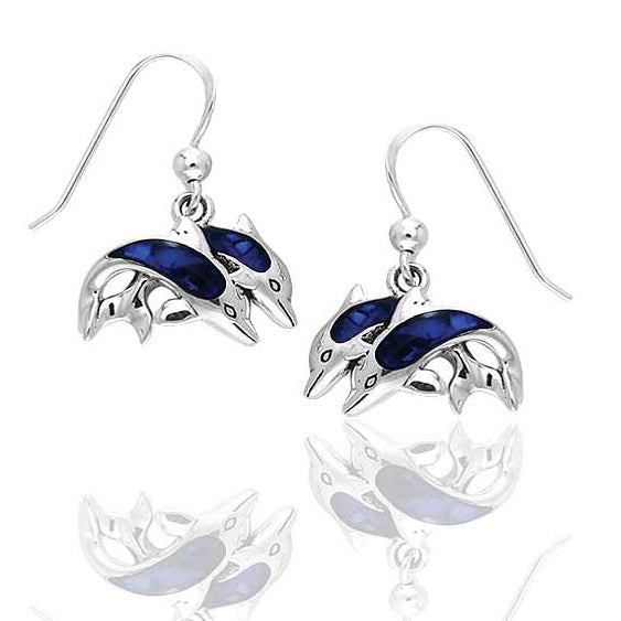 Blue Paua Shell Double Diving Dolphin Sterling Silver Hook Earrings - Silver Insanity