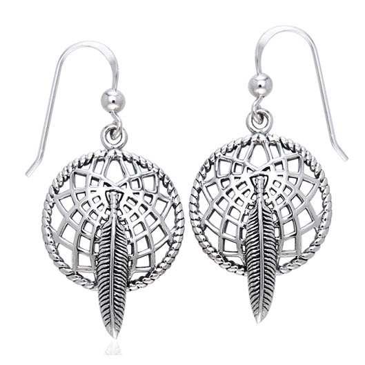 Sterling Silver Dreamcatcher and Hawk Feather Earrings - Silver Insanity