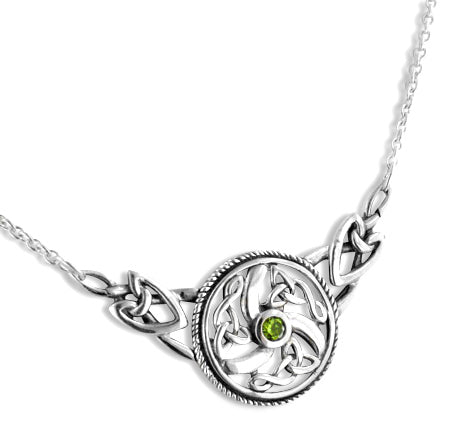 Sterling Silver Swirled Celtic Knot Round Green Peridot 17" Necklace - Silver Insanity