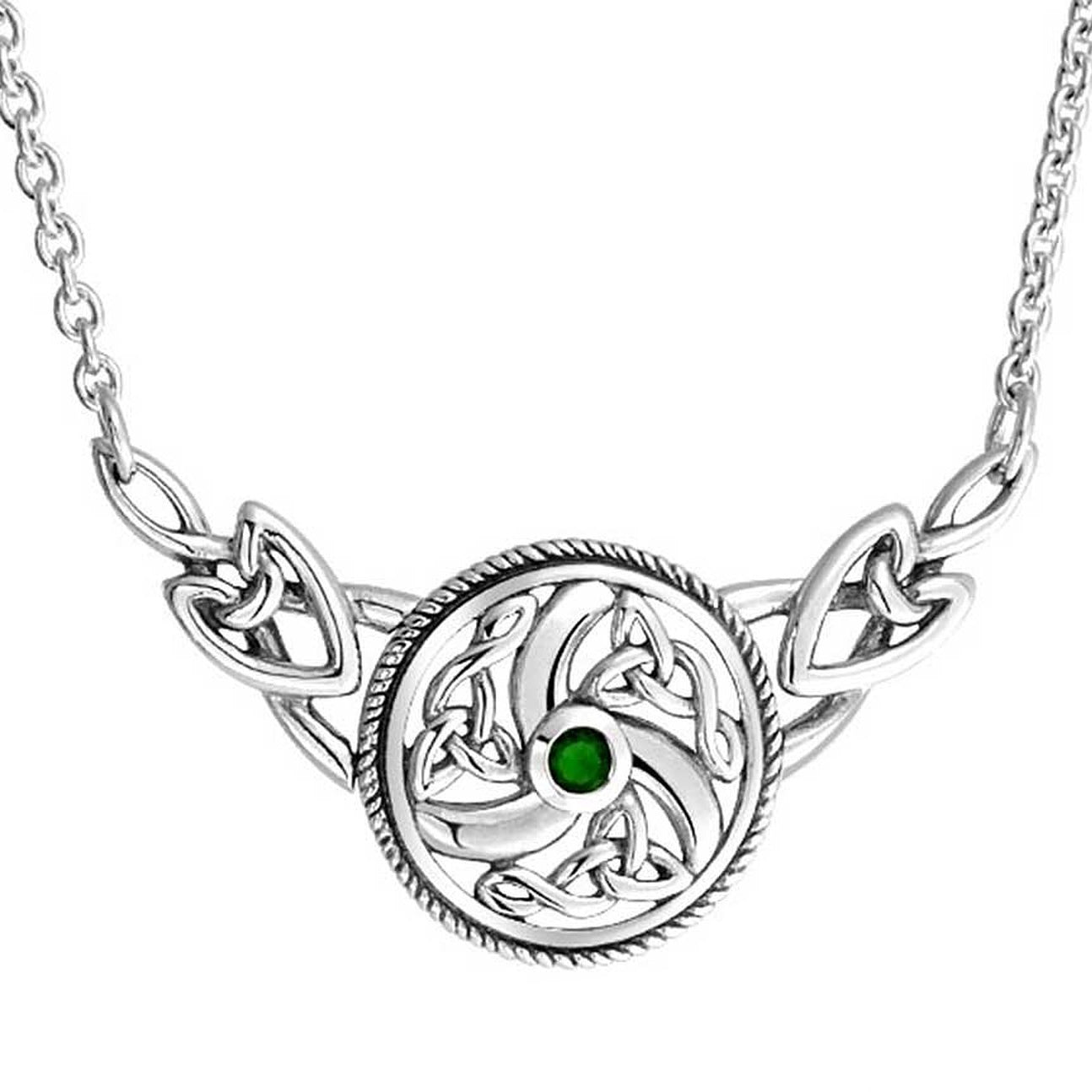 Sterling Silver Swirled Celtic Knot Round Green Peridot 17" Necklace - Silver Insanity