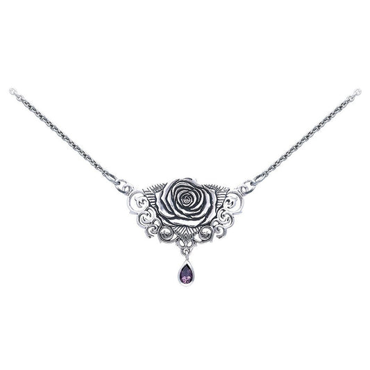 Sacred Rose Sterling Silver 17" Necklace with Amethyst Gemstone Drop - Silver Insanity