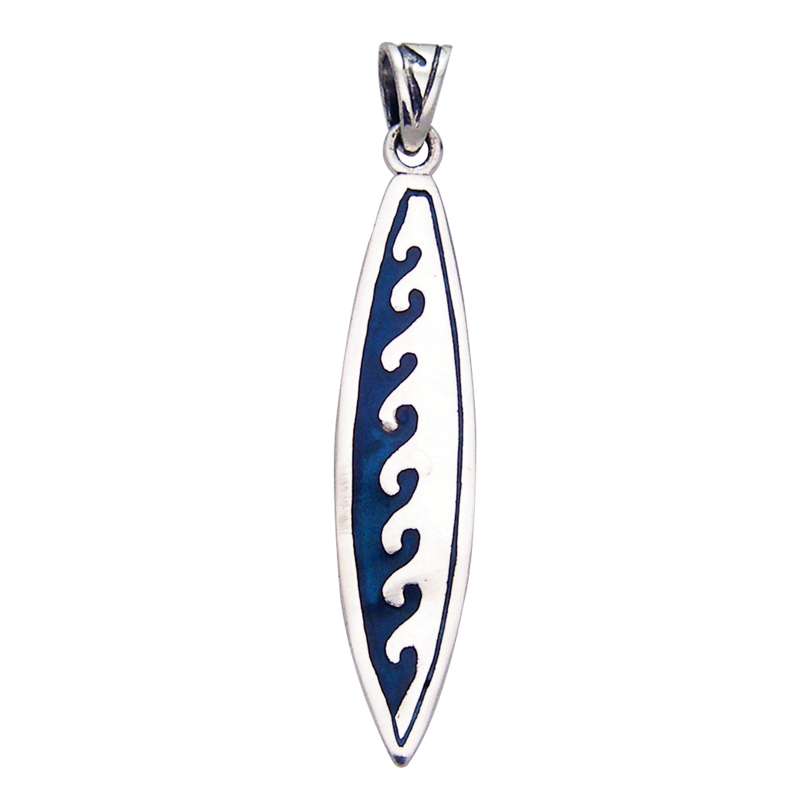 Ocean Waves Surfboard Blue Enamel Sterling Silver Pendant - Silver Insanity