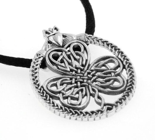 Celtic Knot Irish Shamrock Clover Claddagh Sterling Silver Pendant 19" Necklace - Silver Insanity