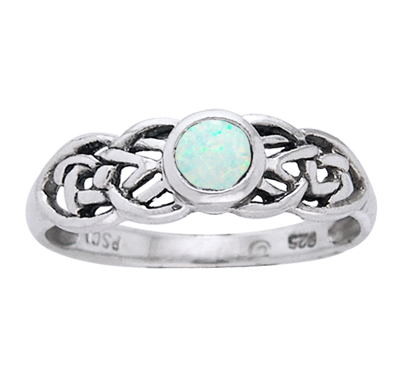 Petite Celtic Knot Birthstone Ring Sterling Silver Simulated Opal For October - Silver Insanity