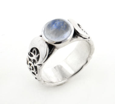 Sterling Silver Lunar Moon Phases and Rainbow Moonstone Ring - Silver Insanity