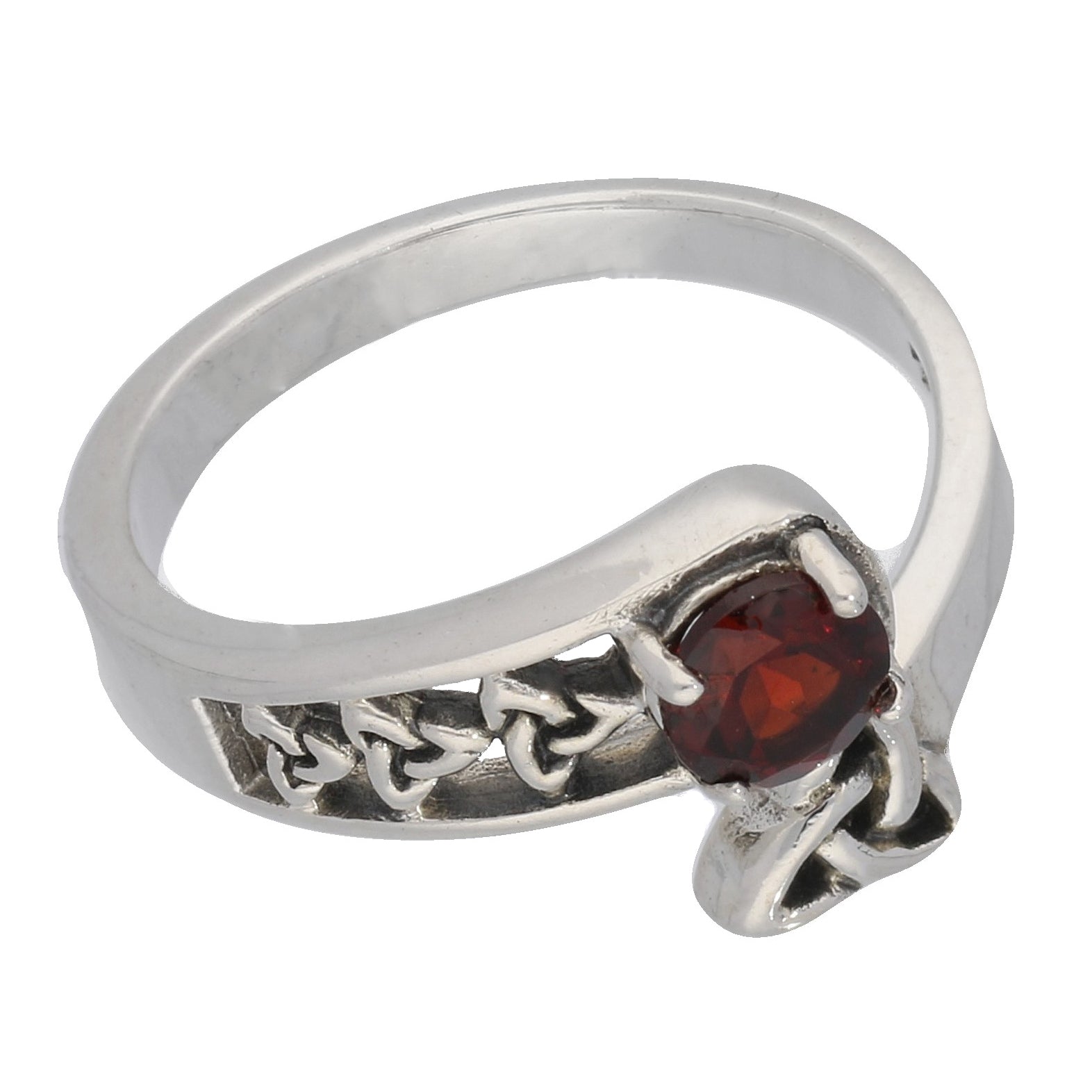 Triquetra Trinity Celtic Knot Garnet Sterling Silver Bypass Ring - Silver Insanity