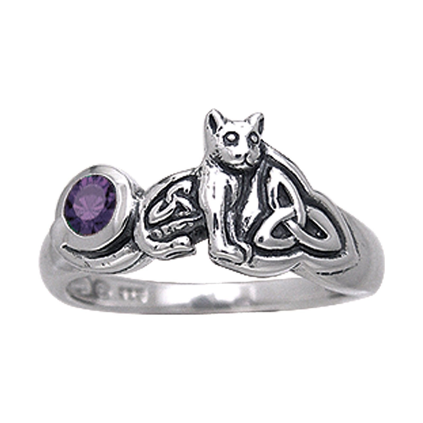 Sterling Silver Celtic Knotwork Amethyst Cat Kitten Ring - Silver Insanity