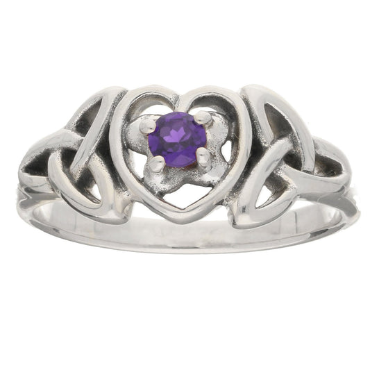 February Birthstone Ring Sterling Silver Amethyst Celtic Trinity Knot Heart