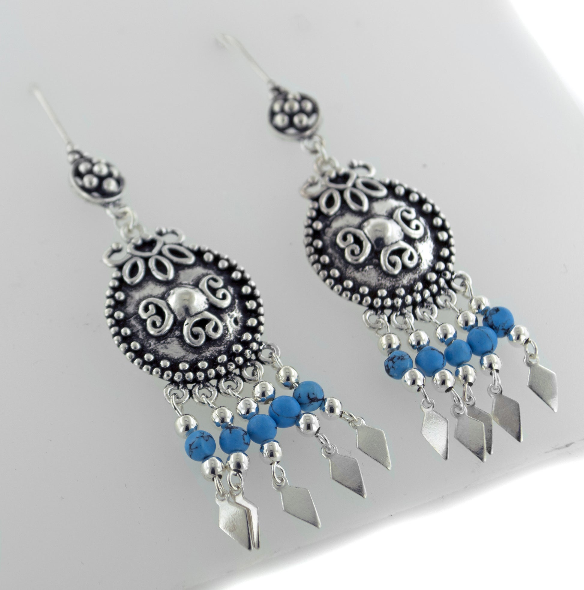 Long Vintage Style Sterling Silver Earrings with Dangling Turquoise Beads - Silver Insanity