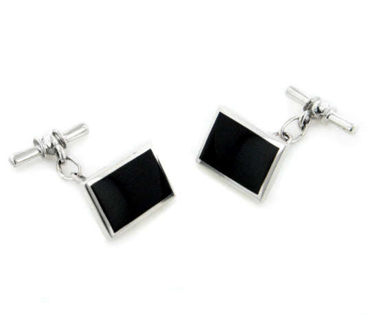 Sterling Silver Rectangular Black Agate Inlay Chain and Bar Cufflinks - Silver Insanity