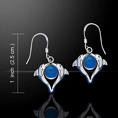 Heart Shaped Double Dolphin on Bermuda Blue Crystal Sterling Silver Hook Earrings - Silver Insanity