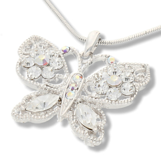 Butterfly AB Crystals White Gold Plated Pendant 16" Necklace - Silver Insanity